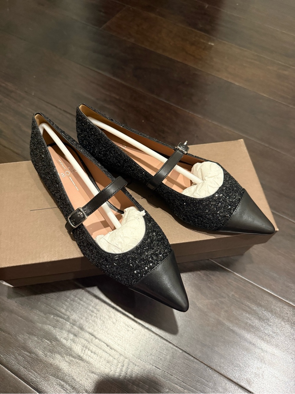 Línea Paolo Black Glitter Pointed Mary Jane Flats with Cream Insole